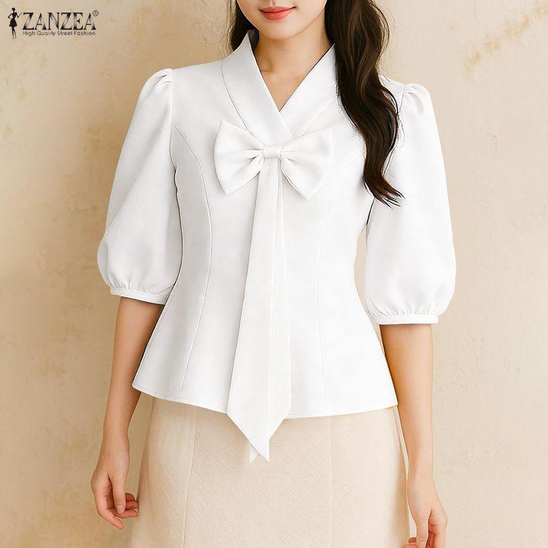 ZANZEA Damen Freizeit V-Ausschnitt Einfarbig Halbarmausbluse