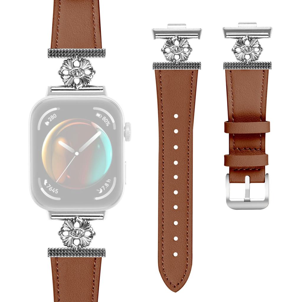 For Huawei Watch Fit 3 Watch Band Genuine Cow Leather Flower Decor Adjustable Strap