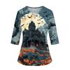 Women's Halloween Print Top V-Neck Three-Quarter Sleeve with Pockets Side Slits Costume Shirt