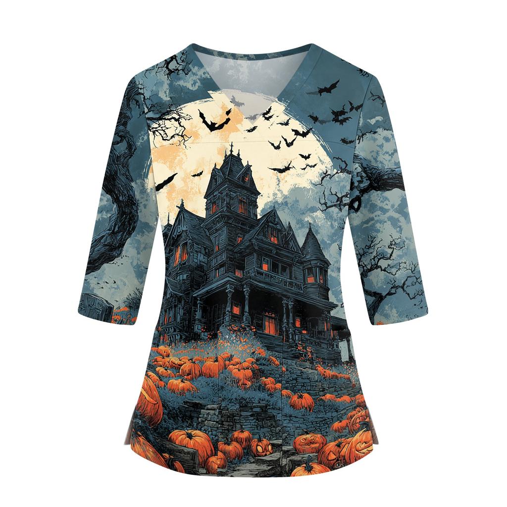 Women's Halloween Print Top V-Neck Three-Quarter Sleeve with Pockets Side Slits Costume Shirt