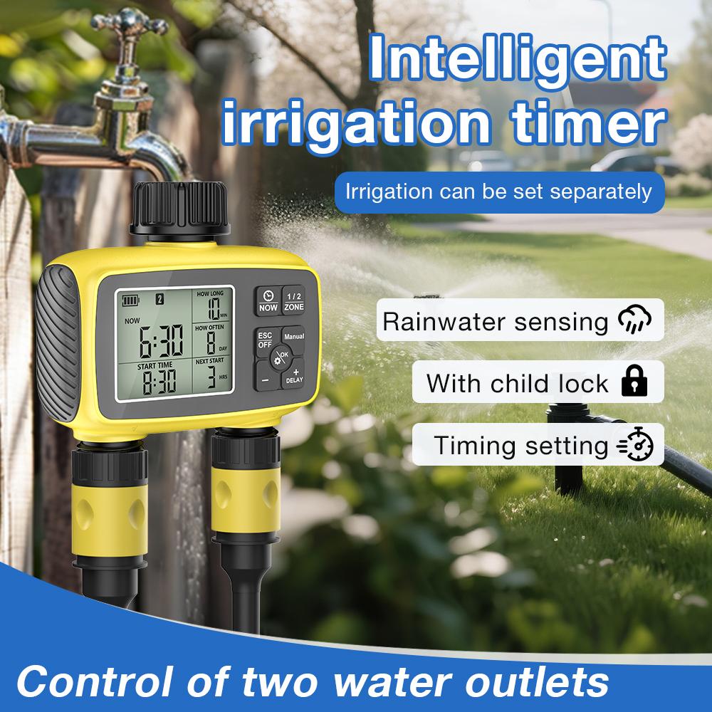 2 Zone Garden Irrigation Timer Large Screen Display Water Timer IPX5 Irrigation Timing Control System Automatic Watering Device
