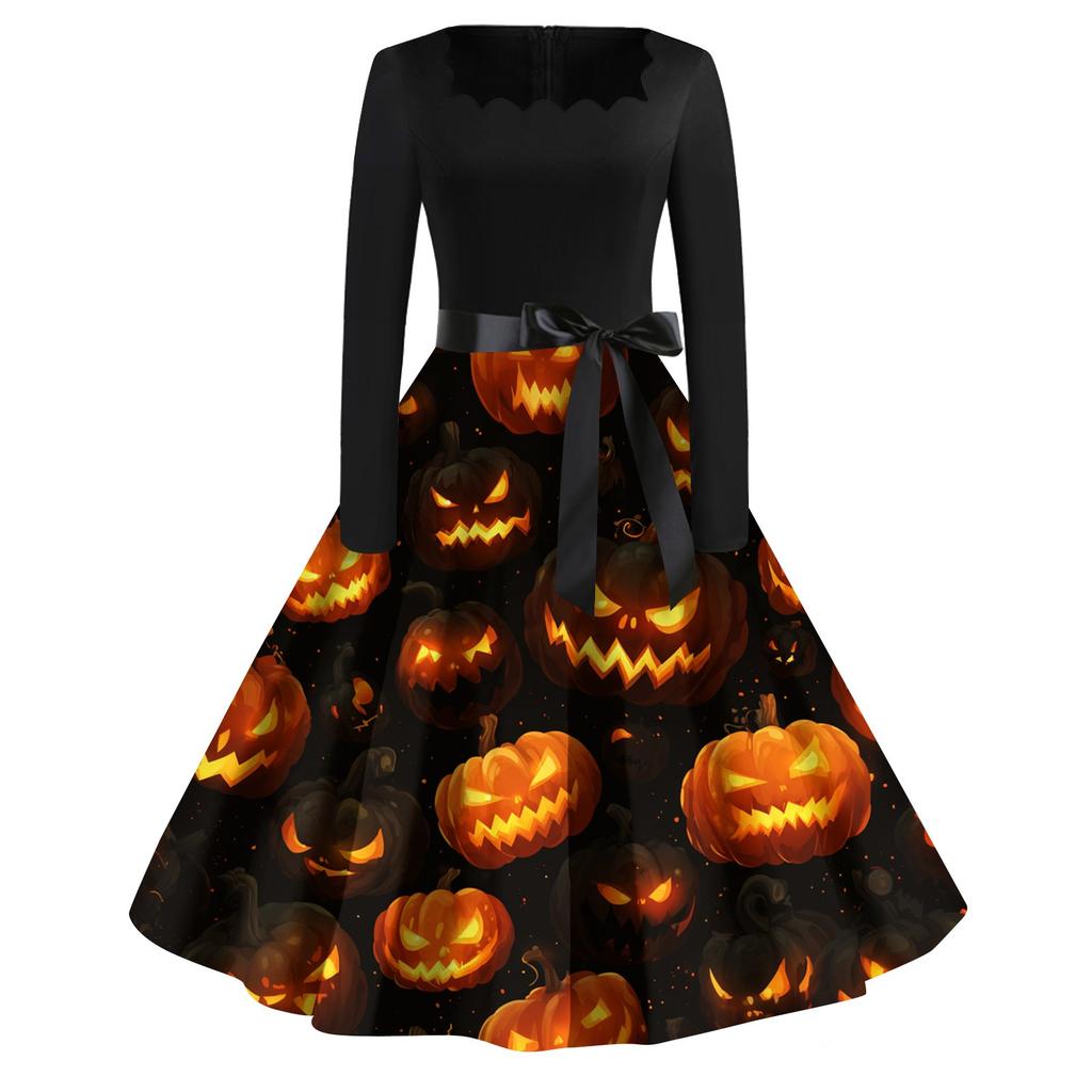 Dámské ležérní módní šaty s halloweenským potiskem a čtvercovým výstřihem ve vintage stylu