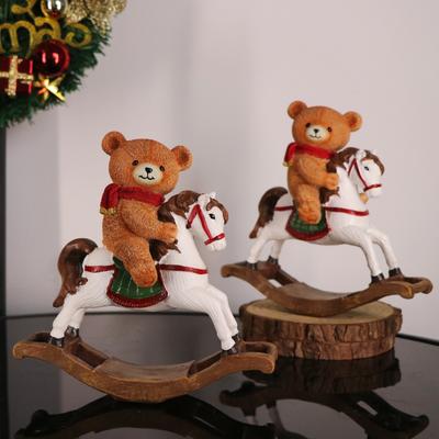 Cute Bear Riding Rocking Horse Statue For Christmas Decoration Resin Rocking Horse Sculpture Home Holiday Party Ornaments