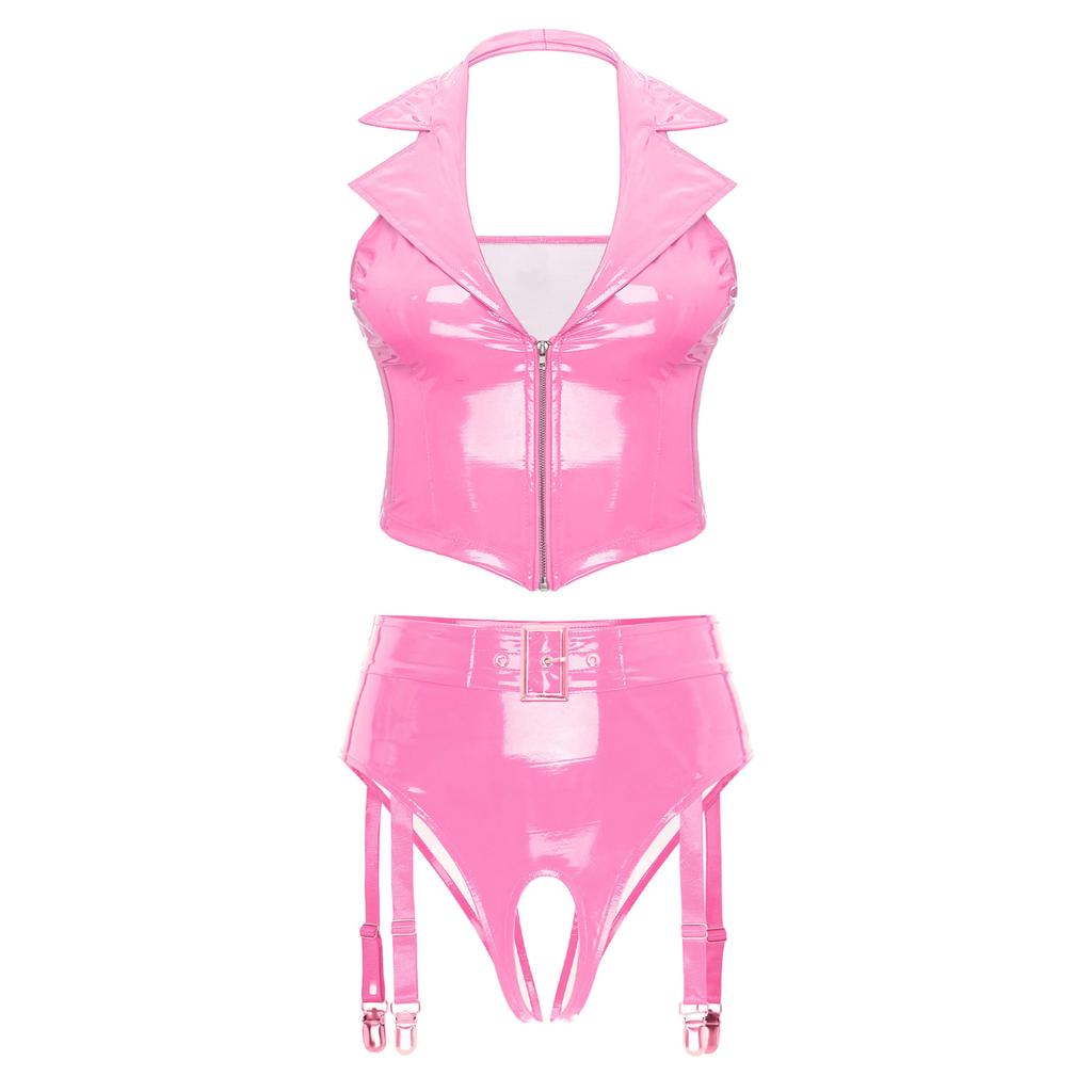 Ensemble de Lingerie 2 pièces en cuir verni pour femmes, gilet Sexy à col en V profond avec sous-vêtements taille haute