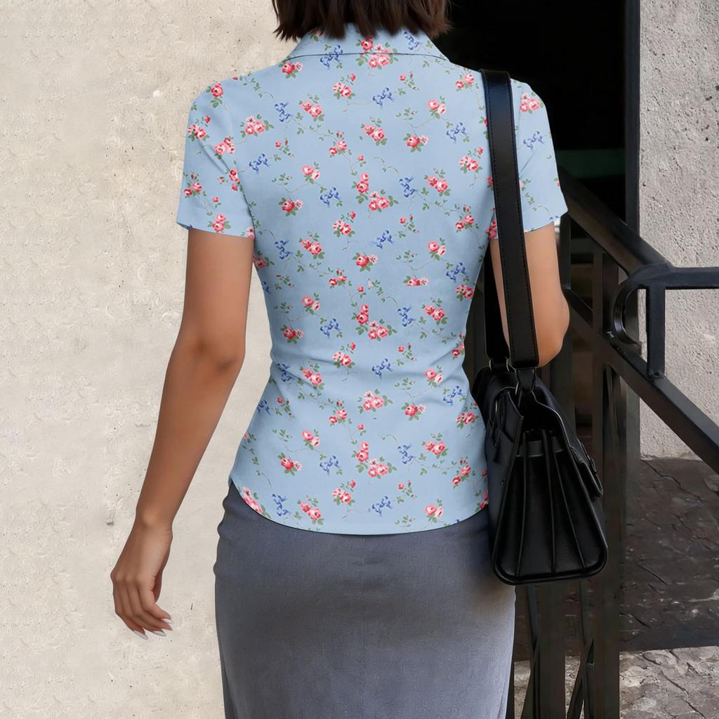 Damen Kurzarm Hemdbluse Knopfleiste Slim Fit Kragen Leichte Lässige Arbeitskleidung Top für den Sommer