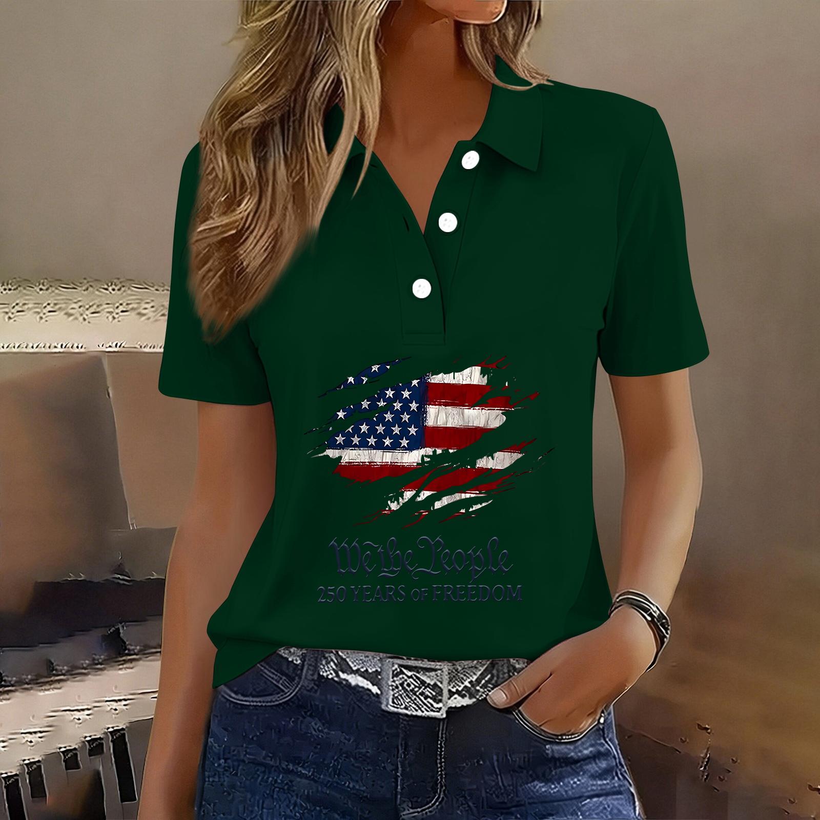 

Women s Casual Button Down Short Sleeve Polo Shirt American Flag Graphic Print 250th Anniversary Patriotic Top Lightweight Summer Tee M