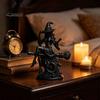 Matte Black Witch Statue Gothic On Broom Statue, 3D Printed Spooky Tabletop Figurine for Small Shelf Home Party, Halloween Desk Decor with Pointy Hat,