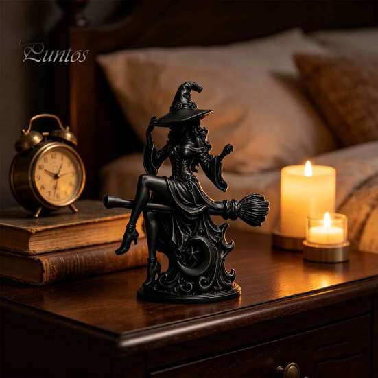 Matte Black Witch Statue Gothic On Broom Statue, 3D Printed Spooky Tabletop Figurine for Small Shelf Home Party, Halloween Desk Decor with Pointy Hat,
