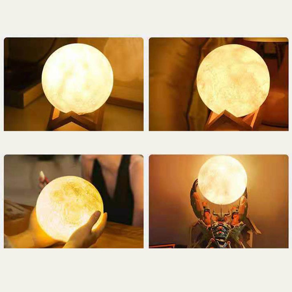 Moon Night Lamp USB Rechargeable Dual Colors Lighting Moon Light Ball with Wooden Stand for Home Bedroom 8cm