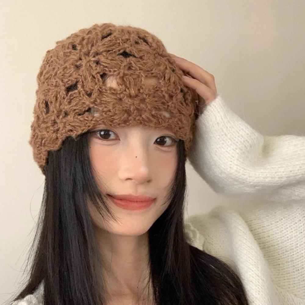 Hollow Knitted Pullover Hat Solid Color Beanies Cap Sweet Crochet Flower Hat  Girls