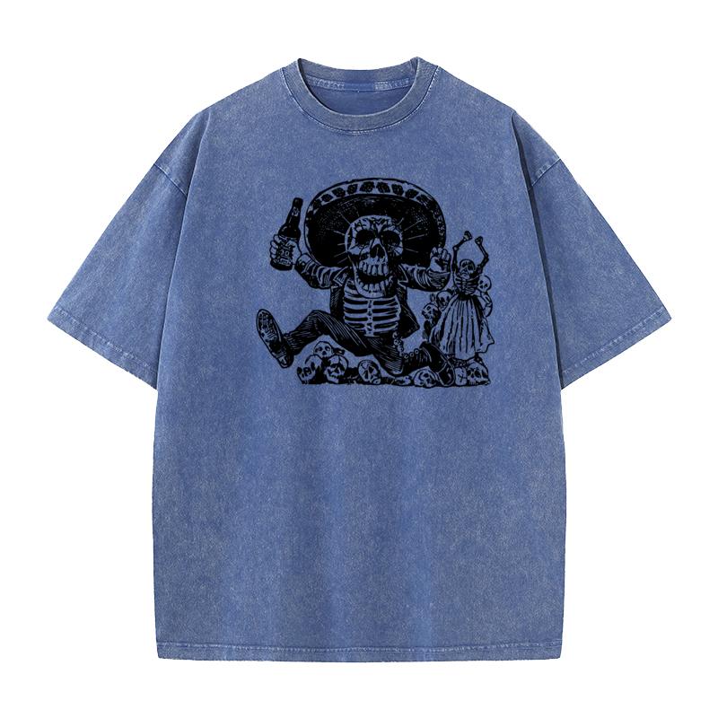Family Youth Washed T Shirt Funny Skeleton Outdoor Tees Pure Cotton Short Sleeve Printed Washed Tee Shirt O Neck