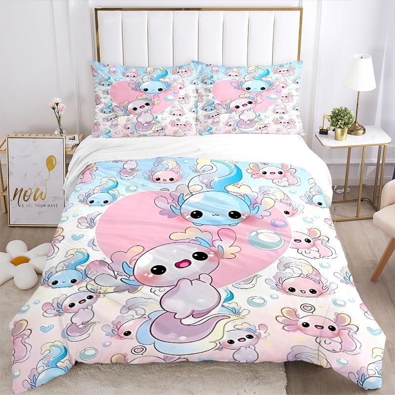 3pcs Axolotl Love Heart Bedding Set, Includes One Quilt Cover and Two Pillowcases (No Core), Cute Axolotl Design for Bedroom Decor