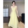 Yellow floral neck dress, new women's summer French temperament seaside vacation long skirt