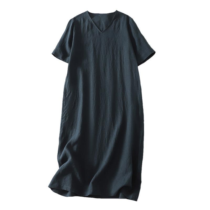 Real Shot Summer New Literary Loose Solid Color Cotton and Linen V-neck Short-sleeved Dress Women's Clothing Medium and Long