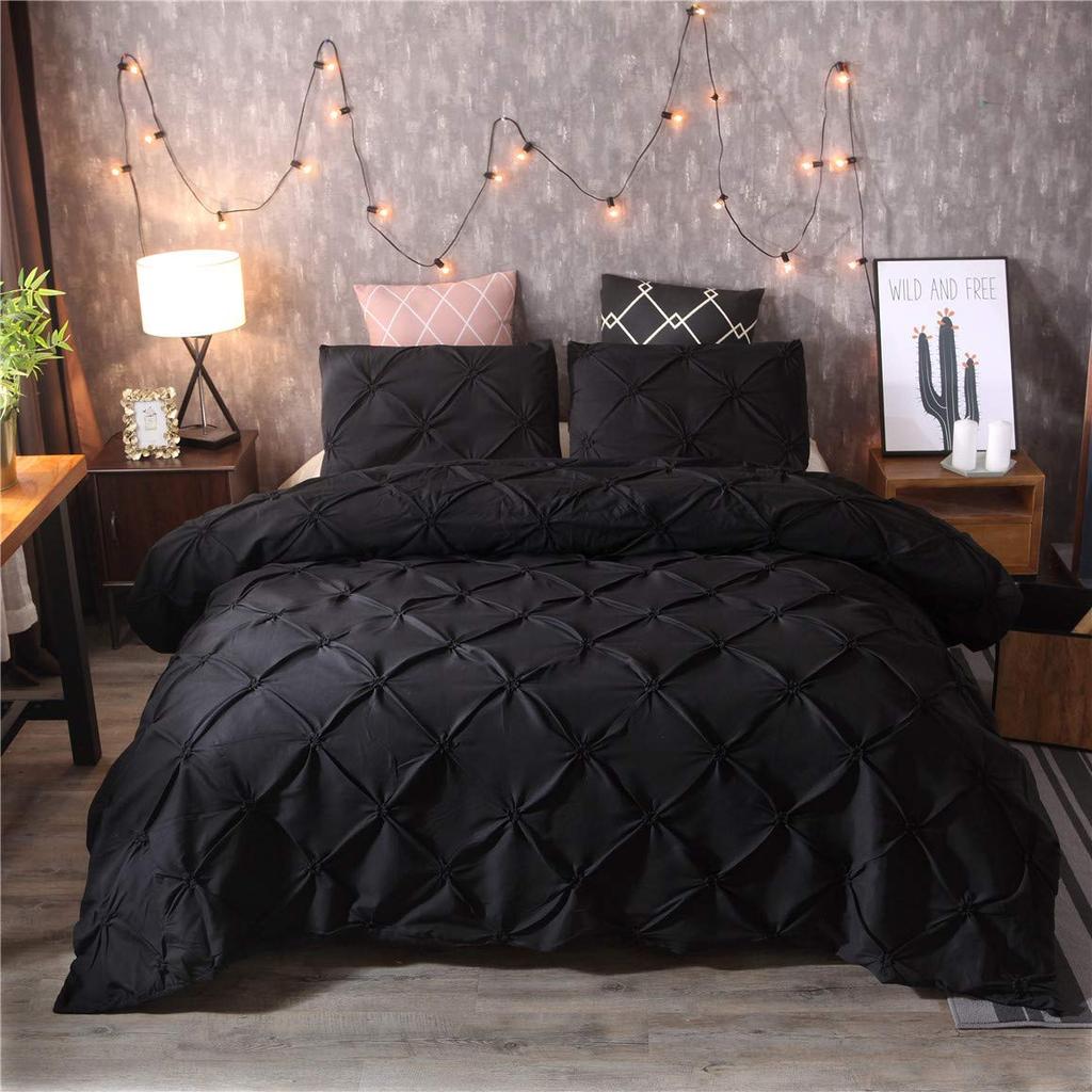 Feelyou Raffung Bettbezug Set King Size Lila Pinch Pleat Bettbezug Tuft-Design Bettwäsche Set Reißverschluss Weiches Polyester Bettdeckenbezug mit