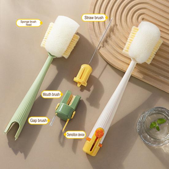 5 In 1 Bottle Cleaning Brush Set Multifunctional Sponge Bristles Reach Tight Spaces Compact Storage Cup Lid Cleaner Kitchen Tool