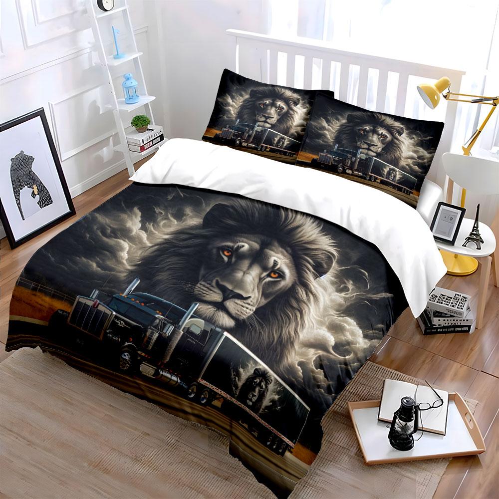Bold Lion-Themed Truck Design Exquisite Three-Piece Bedding Set Gift For Kids And Adults