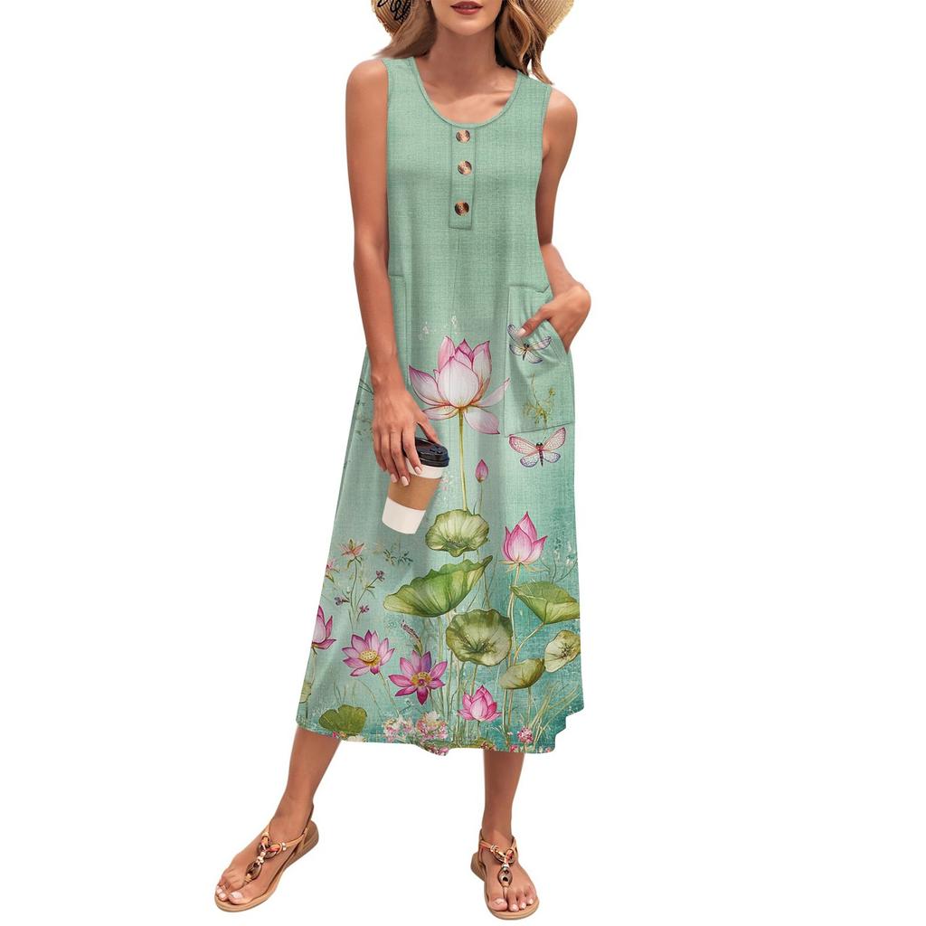 Women's Summer Maxi Dress Sleeveless Button Down Casual Loose Long Beach Sundress Travel Vacation Outfits