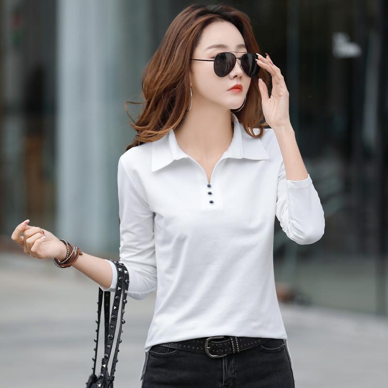 Elegant Long Sleeve Polo T Shirt For Women With Spliced Design Made Of Cotton And Spandex For Office Wear