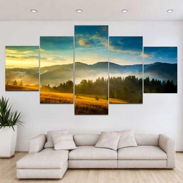 5 панелей пейзаж лавандовое поле горы солнечный свет холст картины постеры и принты — фото 6