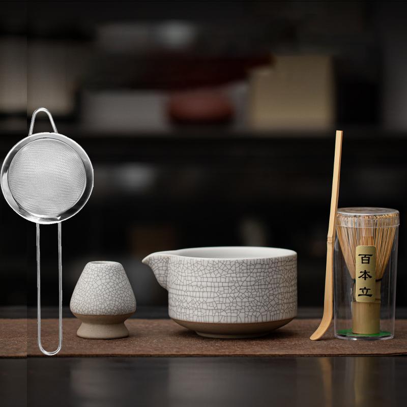 Japanese Matcha Tea Set Ru Kiln Cracking Ceramic Matcha Bowl with Spout Tea Whisk Baibenli 2/4/5/8-Piece Tea Making Tool Set