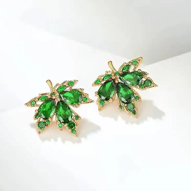 Milan girls set cubic zirconia maple leaf design earrings, suitable for women to wear, with luxurious and light luxury Zircon