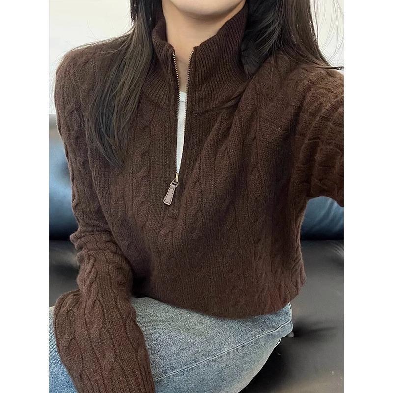 Korean Style Half-Zip Cable Knit Sweater for Women - Autumn/Winter 2024