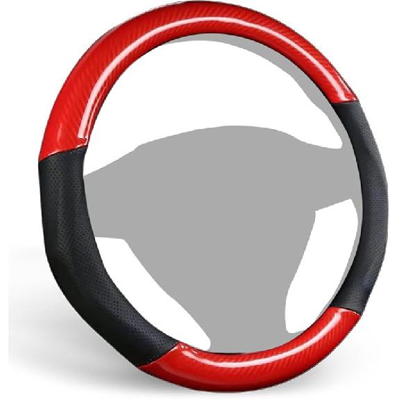 ALEMODR Black Carbon Fiber Leather Steering Wheel Cover Universal 15 inch красный