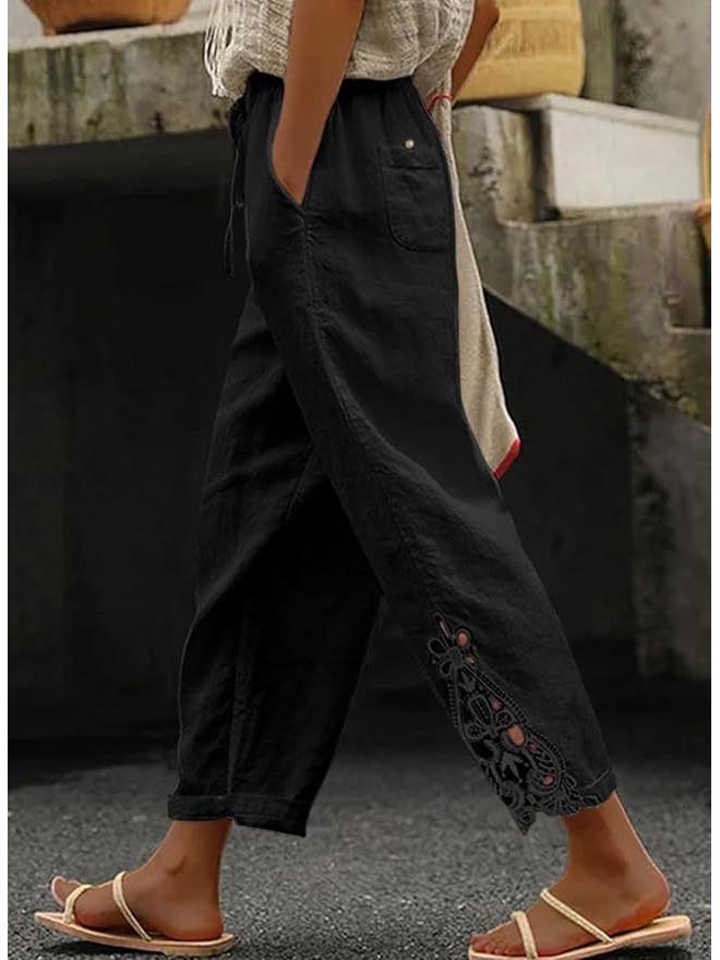 

Autumn Lace Patchwork High-Waist Drawstring Cropped Casual Pants with Pockets 2025 Medium