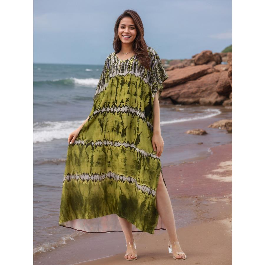 Women's Tie Dye Print Beach Cover Up Loose Flowy Long Kaftan Robe, Open Front Swimwear Shirt 0993