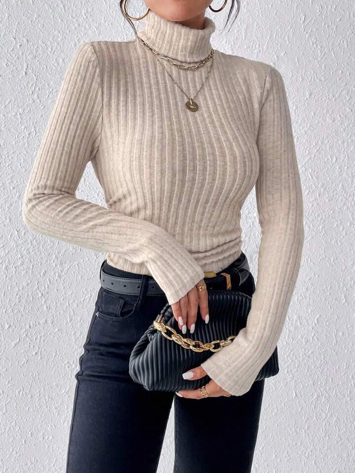 2024 Autumn/Winter High Neck V-Neck Long Sleeve Ribbed Knit Top