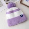 New Style Snow Label Beanie Hat Color Blocked Style Plush Fur Lined Pompoms Warm Winter Hat Fashion Y2k Beanie For Woman Girl