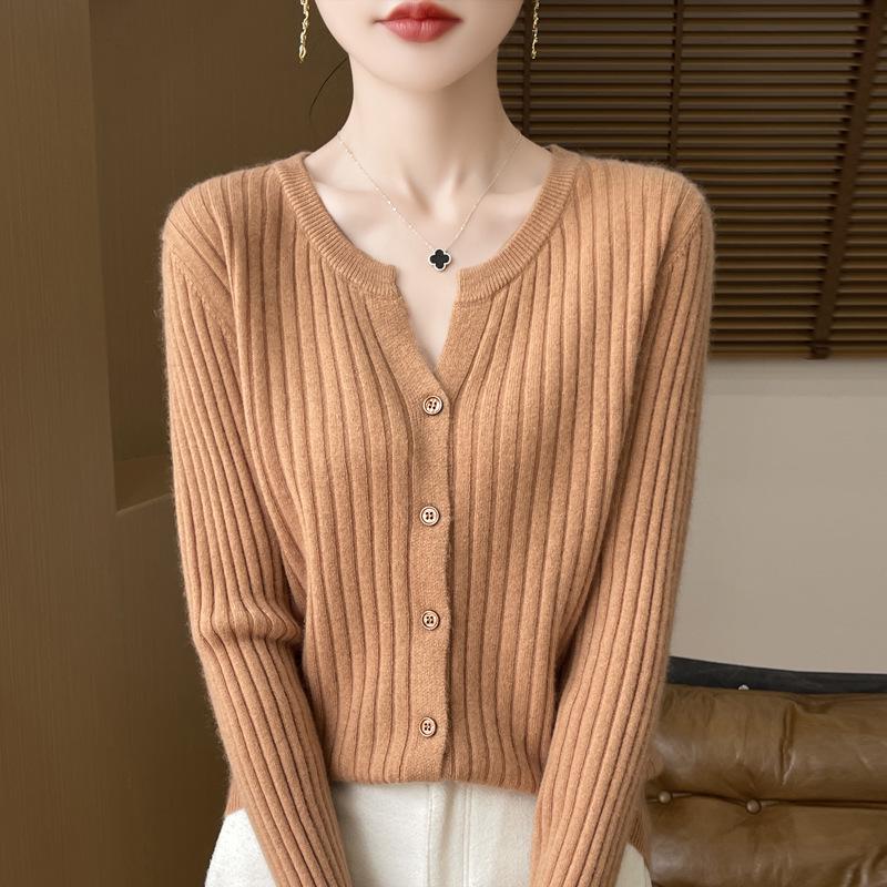 Autumn Korean Slimming V-Neck Wool Cardigan - Women's Long Sleeve Loose Fit