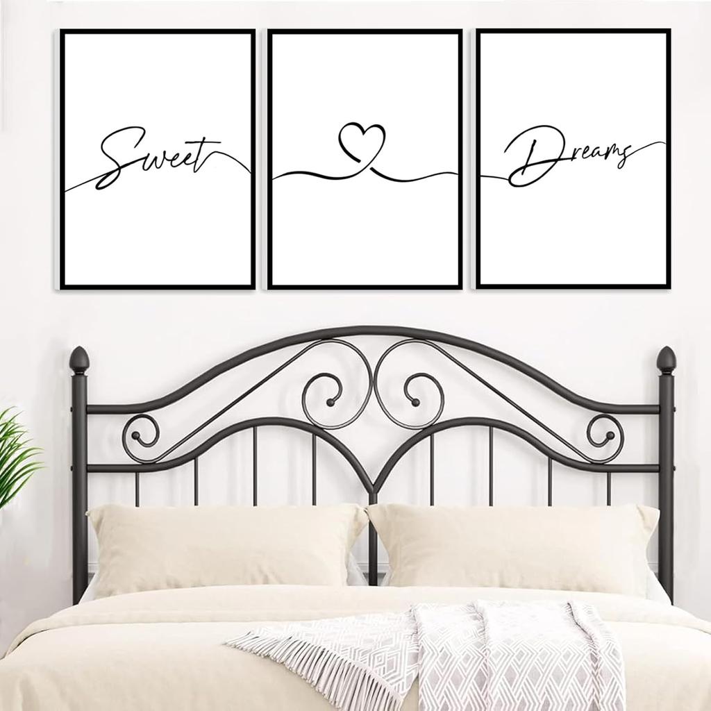 Framed Bedroom Wall Art 36x16”, Sweet Dreams Wall Decor Above Bed Decors, Black Wall Decor for Bedroom (12x16 inches, Set of 3, Framed, Black)