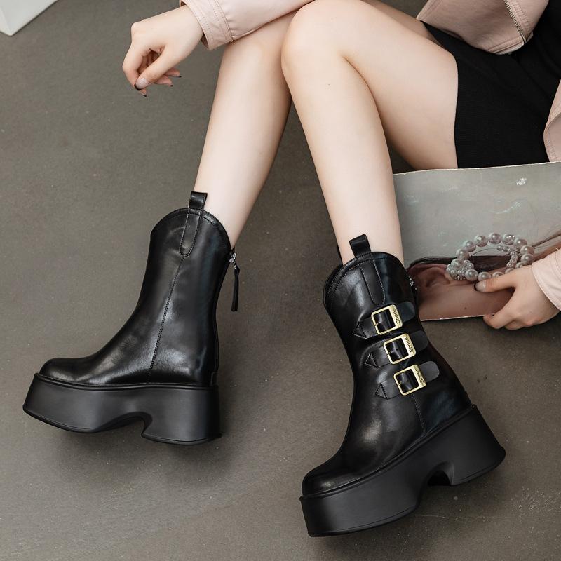 Fashion Women's Boots 2024 Autumn Winter New Mid-tube Western Cowboy Boots Niche Thick Soled Belt Buckle Women's Ankle Boots