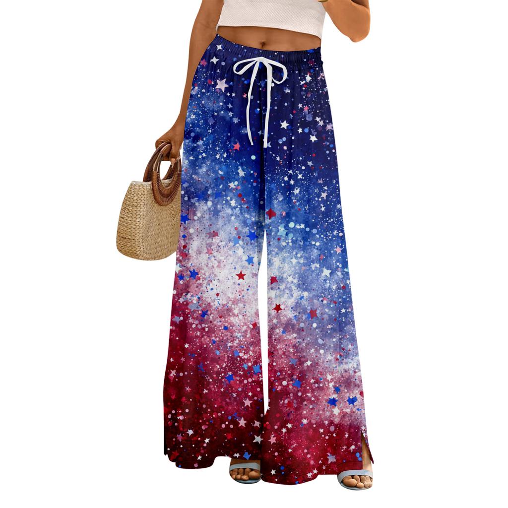 Women Summer Boho Palazzo Pants High Waist Wide Leg Floral Printing Casual Trousers With Pockets