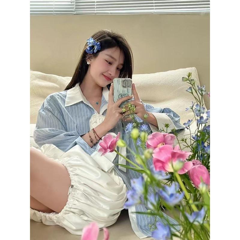 Flower Ribbon Blue Striped Woman Shirt Long Sleeved Button Up Turndown Collar Blouse Autumn Fashion Korean Version Women's Loose Top