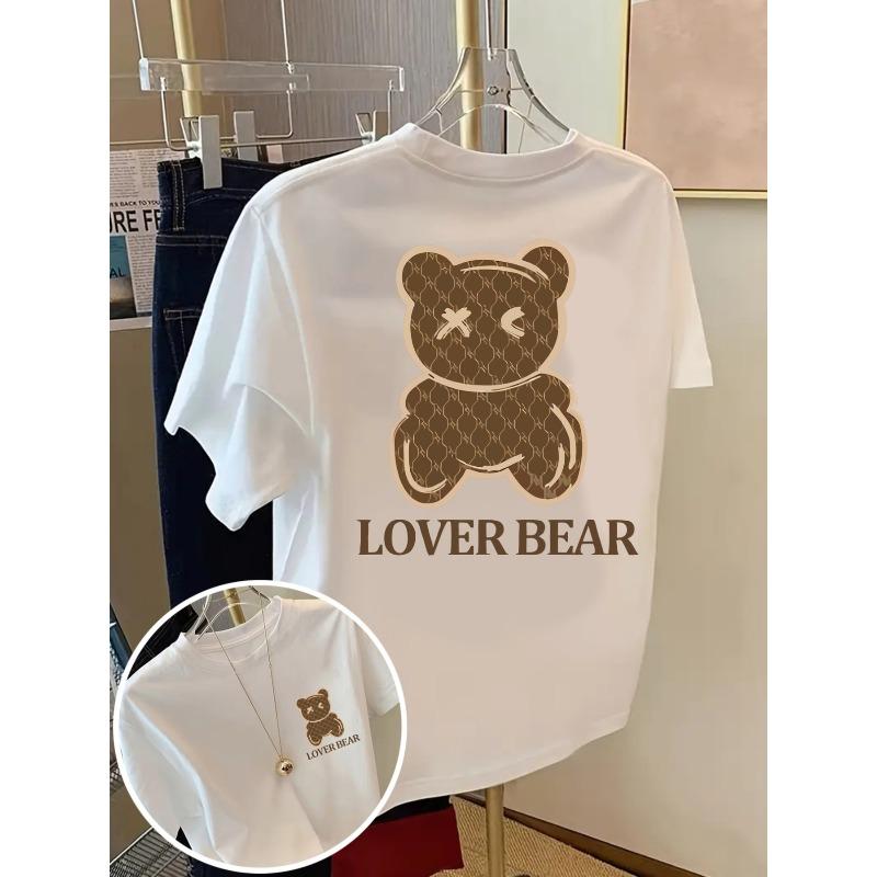 European Size LOVER BEAR, Bear Couple Print Tshirt Short Sleeve Crew Neck Casual Top for Summer Spring, Women's Clothing