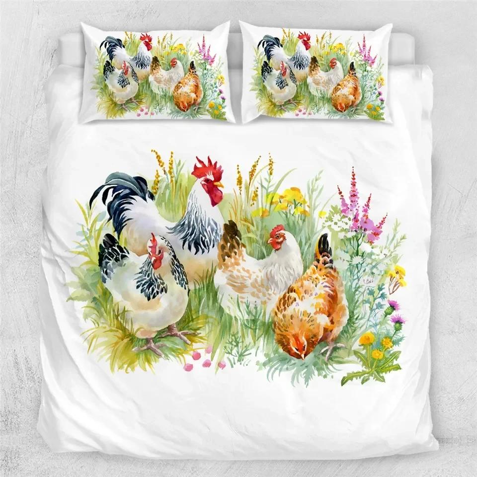 Chicken Duvet Cover King Queen Size Watercolor Rooster Bedding Set for Boys Teens Adults Farm Animal Polyester Comforter Cover