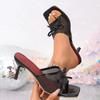 New Plus Size Mesh Bow Slim Heel Slipper for Women Summer Outside Square Toe High Heel Slip Slippers