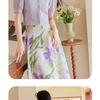 French style fresh and elegant style, purple imitation satin, niche print A-line skirt, slimming half skirt