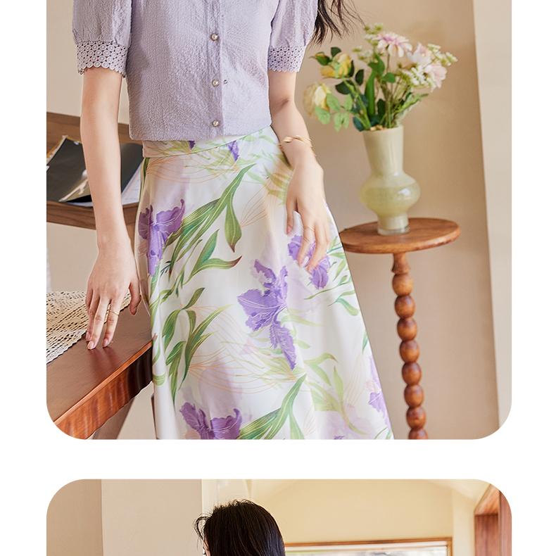 French style fresh and elegant style, purple imitation satin, niche print A-line skirt, slimming half skirt