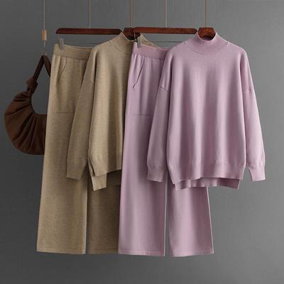 Autunno Inverno Vento Pigro Allentato Collo Alto Pulllover Abito in Maglione da Donna Tinta Unita Manica Corta in Maglia Pantaloni a Gamba Larga Set a Due Pezzi