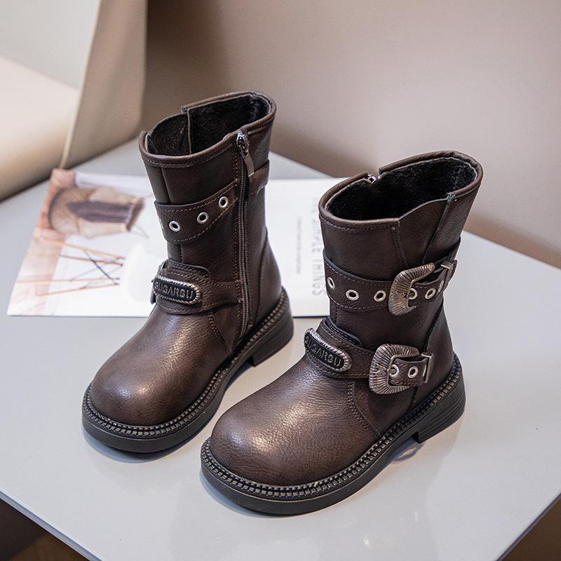 

Girls Leather Boots Autumn Comfortable Outdoor Children Mid-calf Boots Platform Round Toe Belt Buckle Kids Boot 26 чёрный