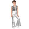 Kids Metallic Shiny Sleeveless Jumpsuit with Print Patchwork and Flared Pants for Boys Disco Halloween Party Outfit