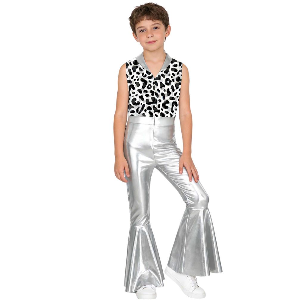Kids Metallic Shiny Sleeveless Jumpsuit with Print Patchwork and Flared Pants for Boys Disco Halloween Party Outfit