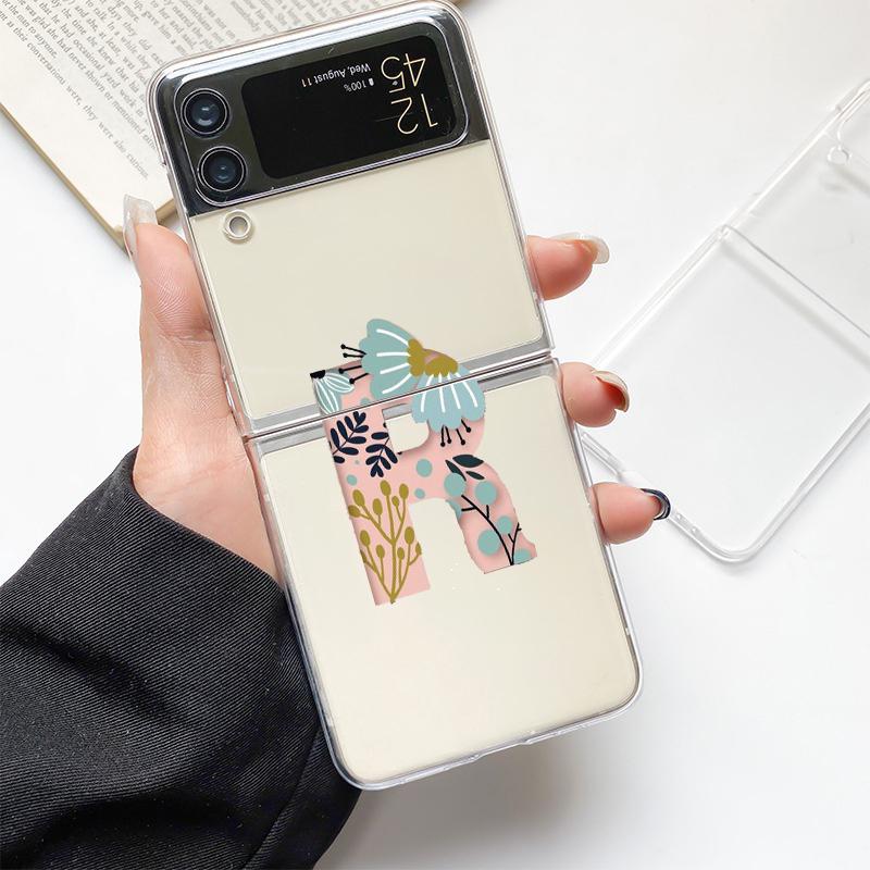 Art Initial Letter A To Z Pink Fashion Phone Case For Samsung Galaxy Z Flip 3 4 5 6 7 Hard Folding Z Flip4 Clear PC Cover Gift