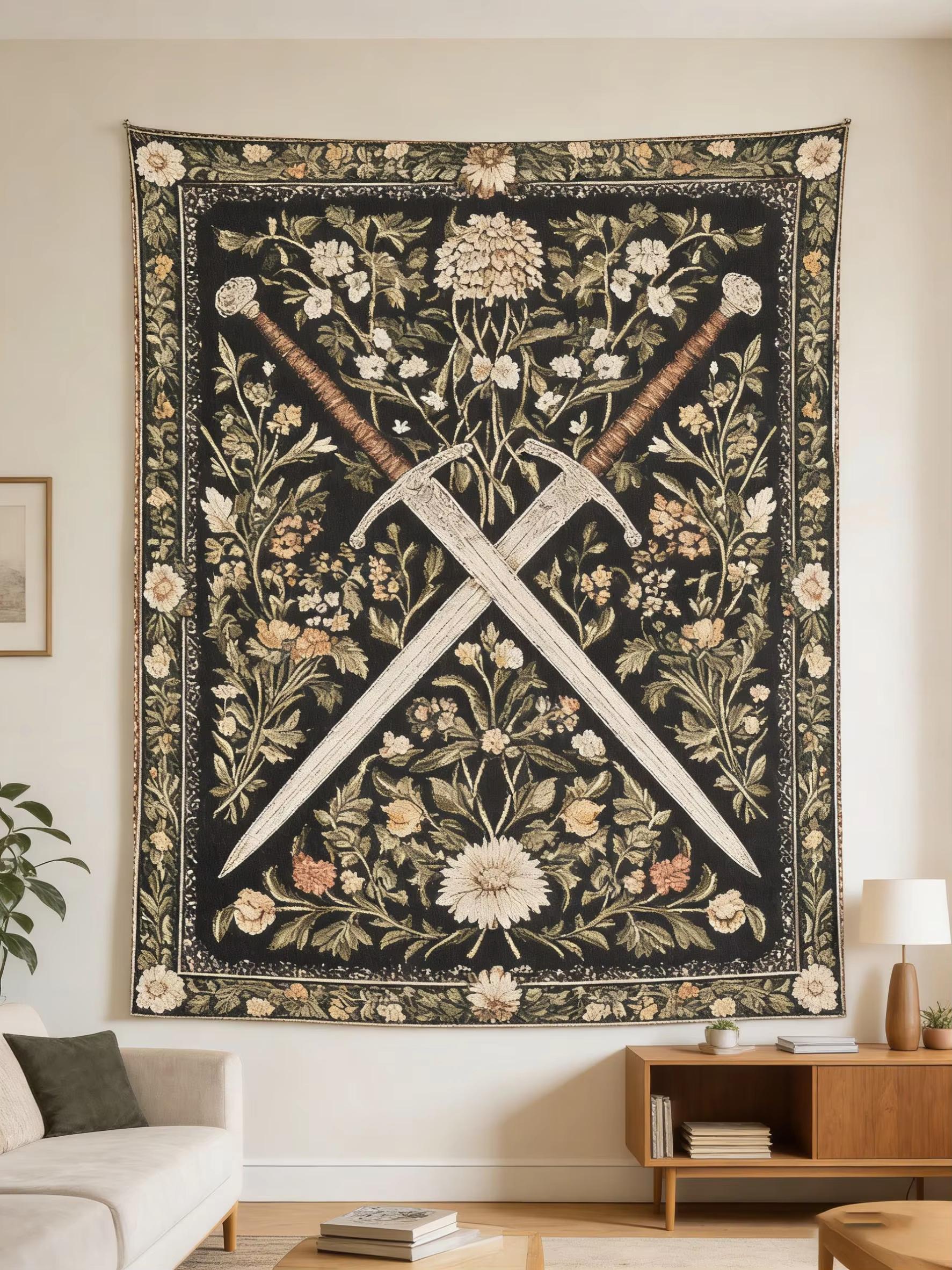 

Medieval Sword Flower Tapestry Bohemian Style Wall Hanging for Bedroom Dorm Party Aesthetic Home Decor Gift 74x94cm(29x37in)