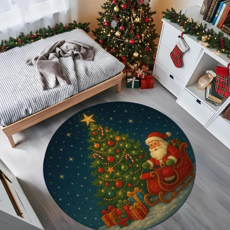 Christmas Round Carpet Santa Slide and Tree Printing Festive Holiday Decorative Rug Floor Mat for Christmas Carpet Under Tree