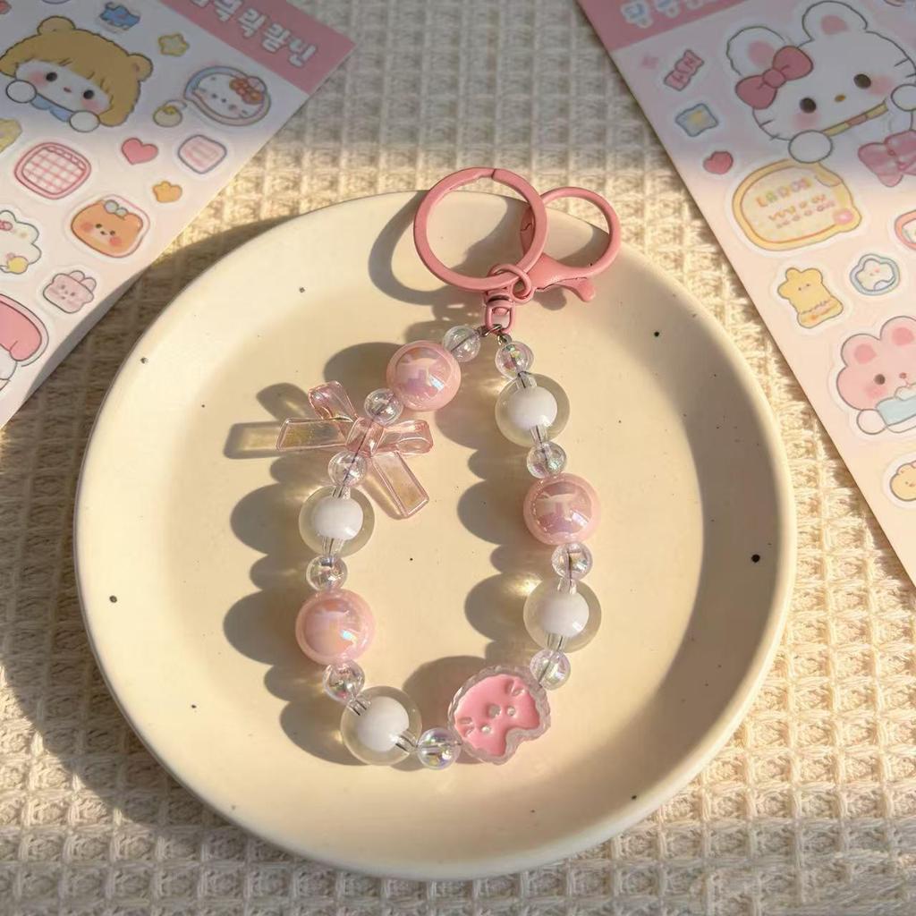 Fresh Candy Color Bow Cat Beaded Phone Lanyard Keychain Bag Charm